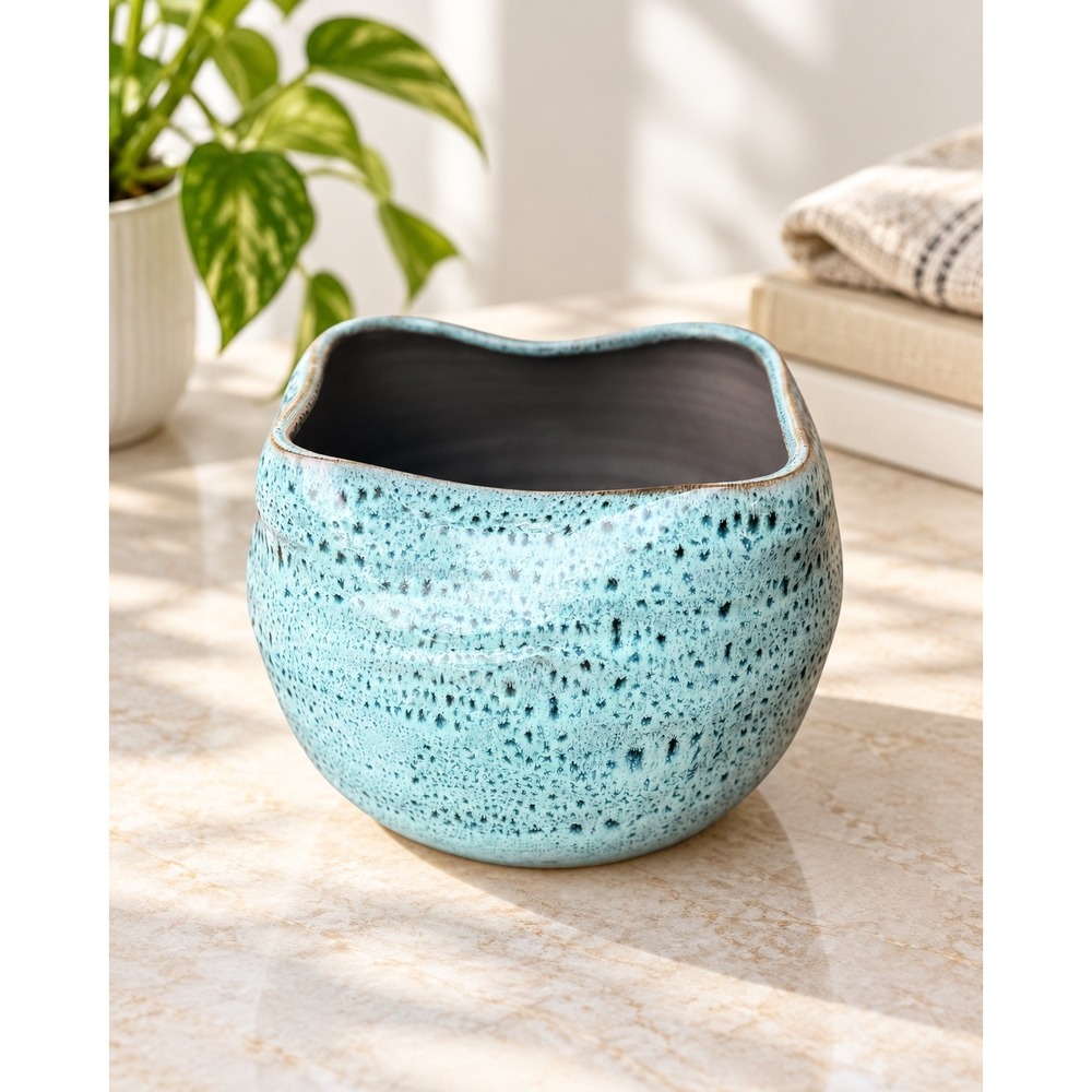 Aqua Blue Speckled Ceramic Planter Pottery Cachepot Organic Wavy Rim Modern Home